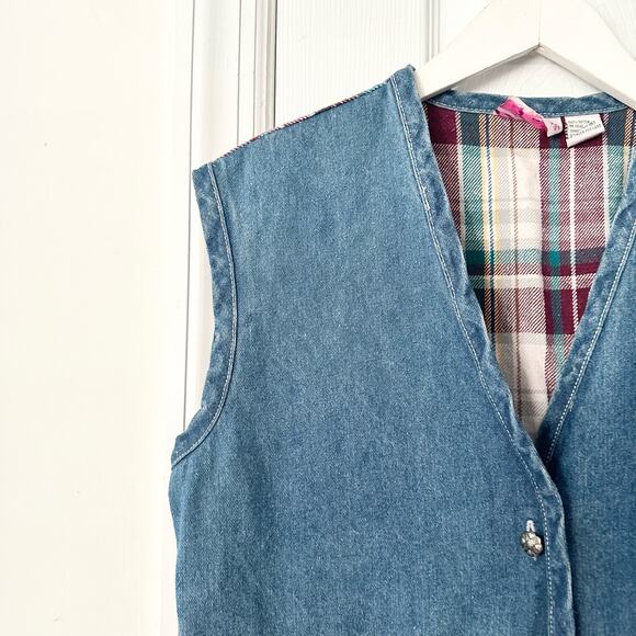 Metro Express Vintage Denim Chambray Red Plaid Flannel Back Button Vest L 14/16 - Picture 2 of 12